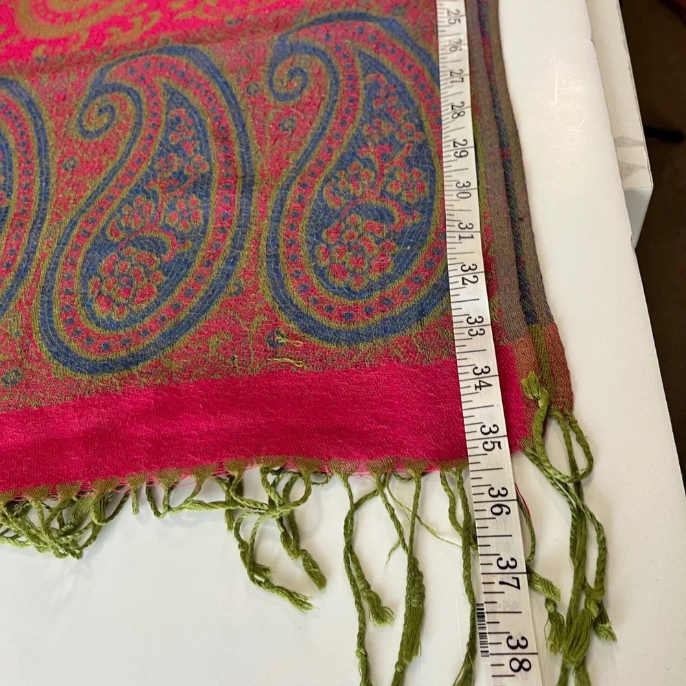 Pashmina Silk Blend Paisley Scarf Pink Green Blue Fringe Wrap Shawl Bohemian